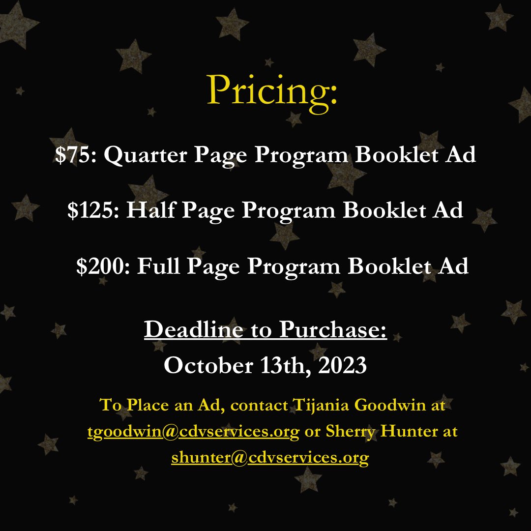 _CDVS_'s tweet photo. We are currently looking for businesses or individuals who would like to place an ad in our program at out annual fundraiser in November. Swipe left to see the ad size options.
#cdvs #fundraiser #programad #entrepreneur #communityoutreach #awareness #hollywoodglam https://t.co/XPFZkHRx0u