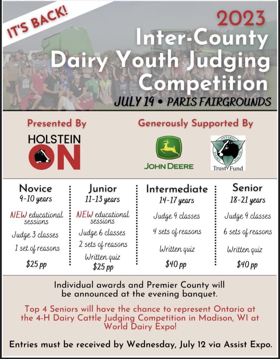 Guess What's Back !!!! 
Inter-County Dairy Youth Judging Competition 
July 19th at the Paris Fairgrounds

#LearnToDoByDoing #4HMiddlesex #4his4me #Headclearerthinking #Heartloyalty #Handsservice #Healthbetterliving #myclub #mycommunity #mycountry #MYWORLD