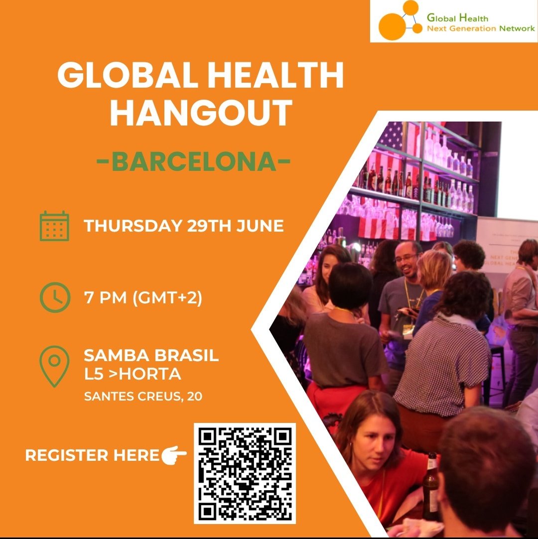 📢Want to meet young #globalhealth enthusiast and know more about the Global Health Next Generation Network? Come on Thursday 29th of June at 7pm to meet us at Samba Brasil (Horta) in Barcelona for the first Global Hangout of the year✨ 👉🏼Register using the QR code