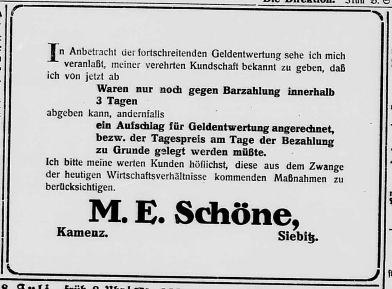KamenzPresse's tweet photo. Juli 1923: die #Inflation1923 lässt den Wert der Mark so rasant einbrechen, dass Kaufleute wie Max Emil Schöne, Händler für Getreide und Futtermittel in #Kamenz, nur noch auf höchstens drei Tage anschreiben lassen.
(Kamenzer Tageblatt, 7. Juli 1923) https://t.co/G7H2nzWuUN
