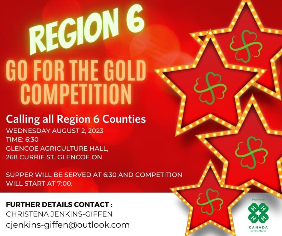 CALLING ALL REGION 6 COUNTIES
GO FOR THE GOLD COMPETITION

'Impacting Future Youth with Opportunities'

#LearnToDoByDoing #4HMiddlesex #4his4me #Headclearerthinking #Heartloyalty #Handsservice #Healthbetterliving #myclub #mycommunity #mycountry #myworld #GFTG2023 #Region6GFTG