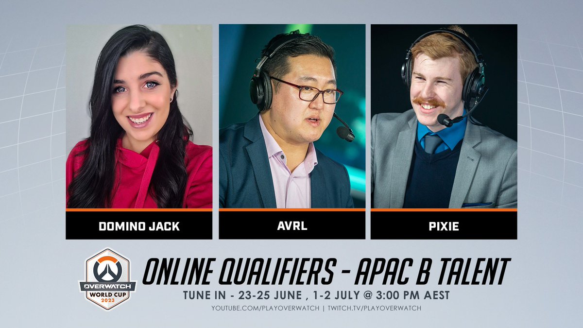 Overwatch Path to Pro (@owpathtopro) on Twitter photo Who's holding down Overwatch World Cup APAC-B? We've got an amazing Trio lined up! #OWWC2023
👋🎙️
<a href="/domino_jack/">Domino Jack</a>
<a href="/imAVRL/">Kev Walker</a>
<a href="/PixieOnTheMic/">Pixie</a>
📺 twitch.tv/playoverwatch Who's holding down Overwatch World Cup APAC-B? We've got an amazing Trio lined up! #OWWC2023
👋🎙️
<a href="/domino_jack/">Domino Jack</a>
<a href="/imAVRL/">Kev Walker</a>
<a href="/PixieOnTheMic/">Pixie</a>
📺 twitch.tv/playoverwatch