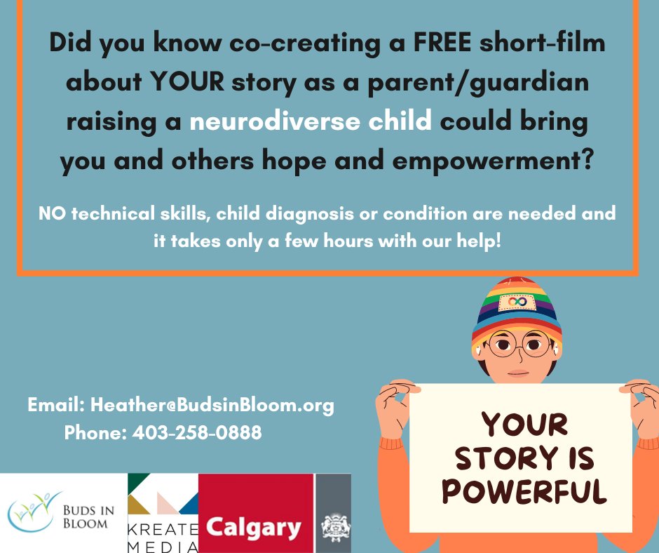 PIVOTCommunityC's tweet photo. Stories are powerful. Do you have a story to tell about raising a child with a neurodiversity?

Did you know sharing it could help you and others feel empowered?

Contact Heather@BudsinBloom.org or send us a DM.

Recruiting now for Calgary and Alberta, Canada https://t.co/Me7TQC4Cup