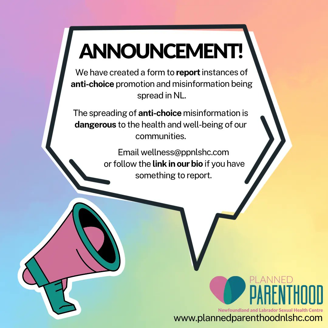 We’ve created a form to track anti-choice misinformation/propaganda being shared in NL. We’re asking the public to report any anti-choice/abortion/sex health, or 'pro-life' misinformation/propaganda in person or online locally in NL. Using this link buff.ly/43Z4ziT