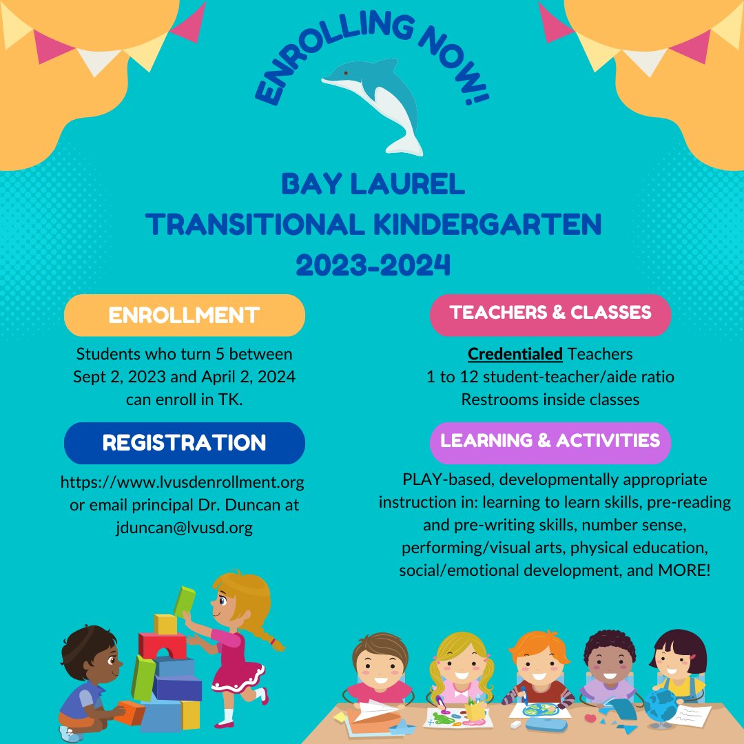 Dr. Jacqueline Duncan (@duncanlvusd) on Twitter photo Do you know TK-aged students who are interested in joining our wonderful Bay Laurel family? If so, please spread the word that enrollment is now open! #godolphins <a href="/BLDolphins/">Bay Laurel Dolphins</a> #lvusd Do you know TK-aged students who are interested in joining our wonderful Bay Laurel family? If so, please spread the word that enrollment is now open! #godolphins <a href="/BLDolphins/">Bay Laurel Dolphins</a> #lvusd