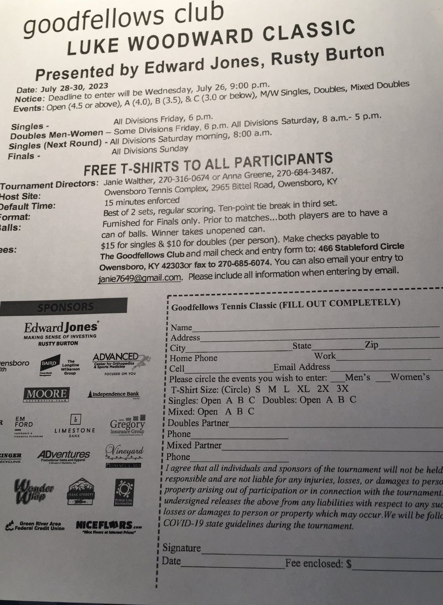 LukeWoodwardTC's tweet photo. July 28-30! Let’s Go! Who’s in?!?Goodfelllows Club - Luke Woodward Classic. @OwensboroMI @CityofOwensboro @owensborotennis @OwensboroSports https://t.co/XMyVJ6crxD