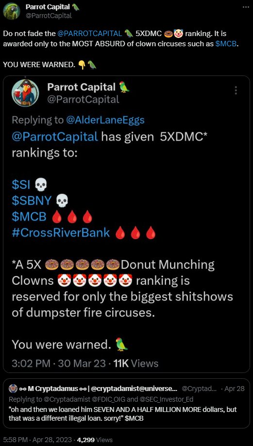 ParrotCapital's tweet photo. For months @Cryptadamist @eliant_capital and @ParrotCapital warned that $MCB is a bank for clowns and crooks. Now #Payrnet and #cryptocom are in hot water and the fallout from this is just getting started.

A reminder: https://t.co/1yH4BHGdPX