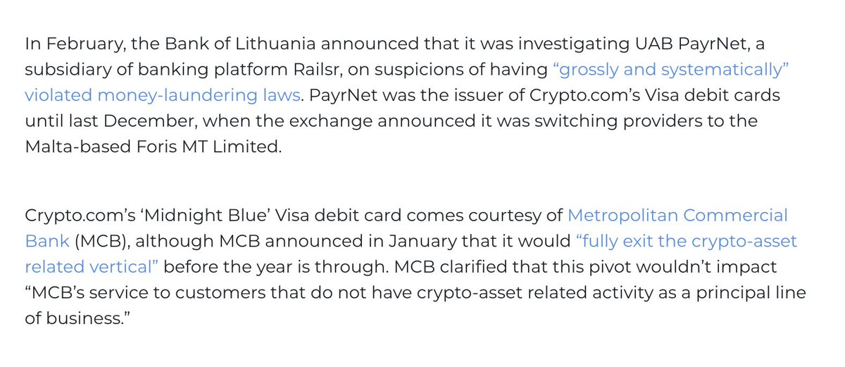 Cryptadamist's tweet photo. @Annihil4tionGod friendly reminder that for most of its lifespan #CryptoCom's Visa cards were issued by two companies: the now shut down money laundry #Payrnet &amp; an American bank with the ticker $MCB

if you think $MCB did due diligence yr smoking rocks
@eliant_capital @ParrotCapital @tspencer322 https://t.co/VjbcQVXgOG