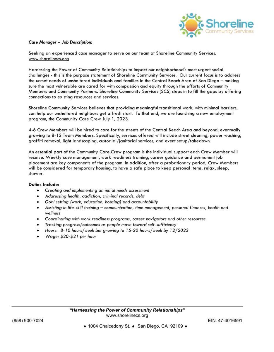 ShorelineSD's tweet photo. Shoreline is hiring! 🚨 We are looking for a part-time Case Manager for our new Community Care Crew employment program. 🤝
 
Please share this job description with your networks – referrals from our own community are best! If you have any questions, please feel free to reach out. https://t.co/fmdsgT9j4t