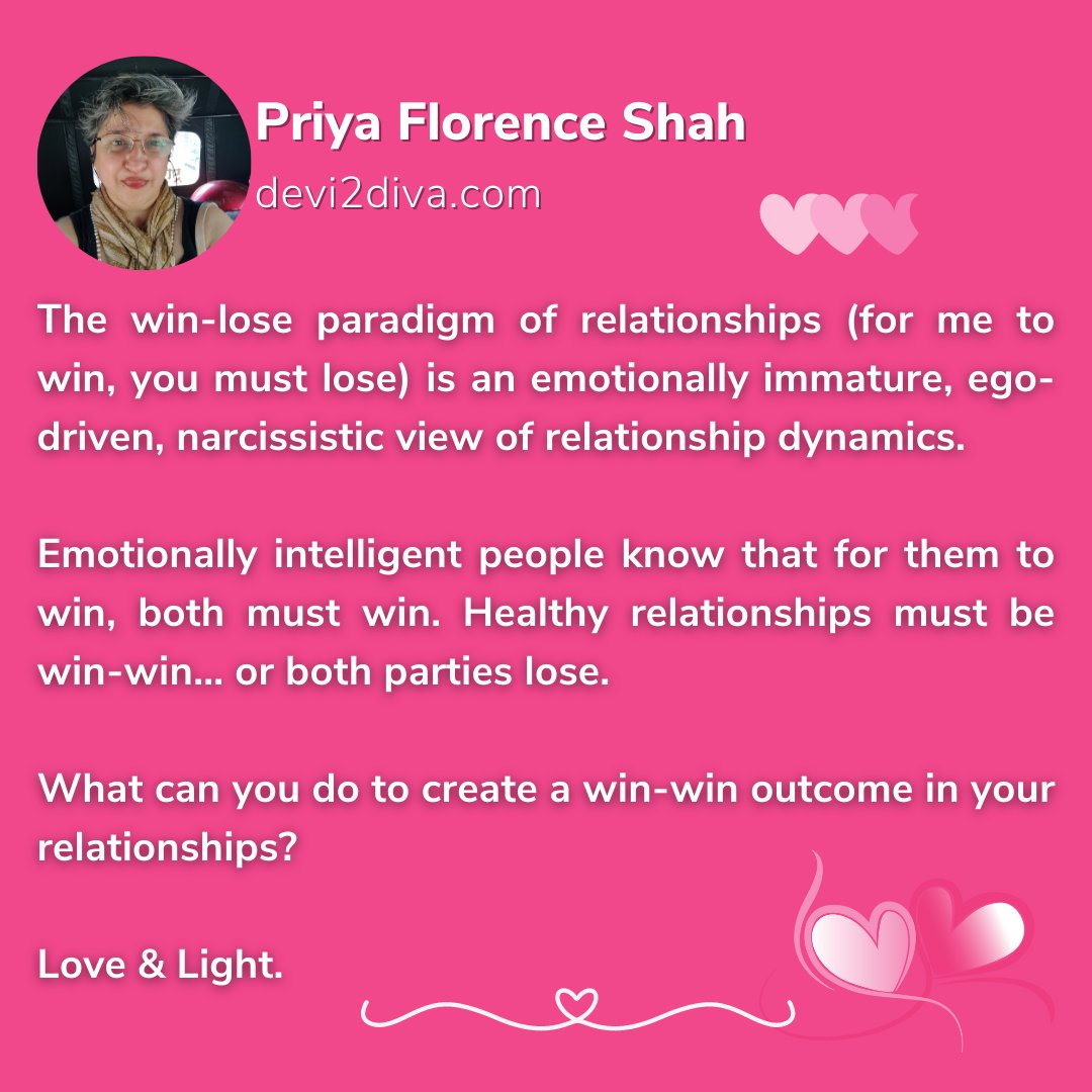 Emotionally intelligent people know that for them to win, both must win. Healthy relationships must be win-win… or both parties lose. 

#relationships #healthyrelationships #relationshipgoals #relationshipbuilding #relationshipadvice #relationshiptips #emotionalintelligence #EQ