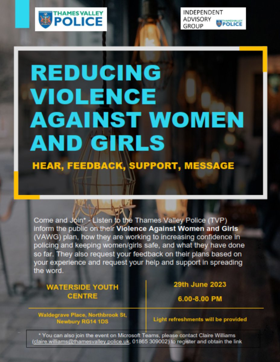 #CommunityConversation: Violence against women and girls 
Date: 29th June 2023 
Time : 6.00 - 8.00pm 
Venue: Waterside Youth Centre  #Newbury 
hear, feedback, support message about the safety of women and girls in #WestBerkshire by @TVP_WestBerks.
<a href="/NewburyToday/">.</a> <a href="/WhatsOn_Newbury/">Whatson Newbury</a>