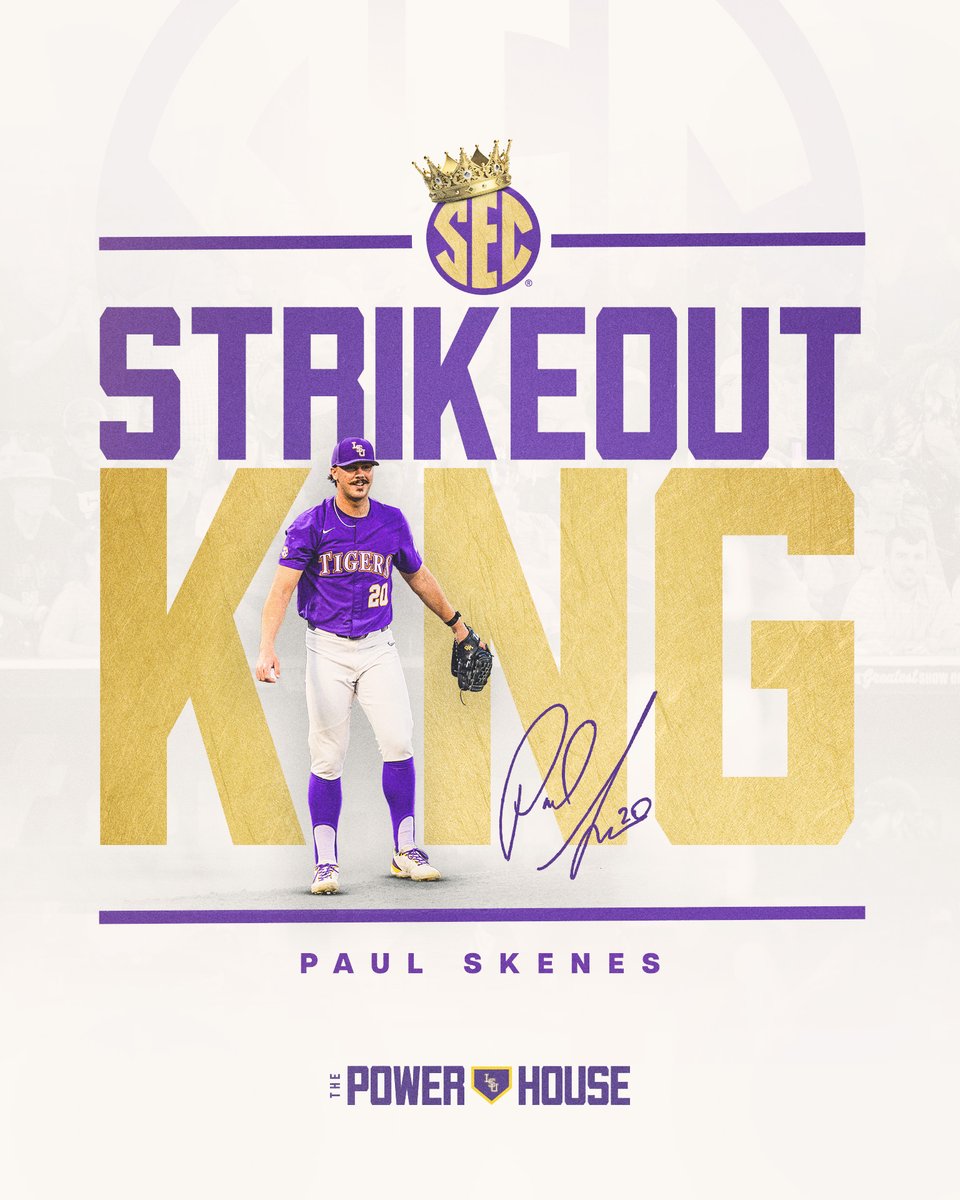 LSUbaseball's tweet image. Long Live King Skenes

@Paul_Skenes is the new record-holder for SEC and LSU strikeouts in a season with 203
