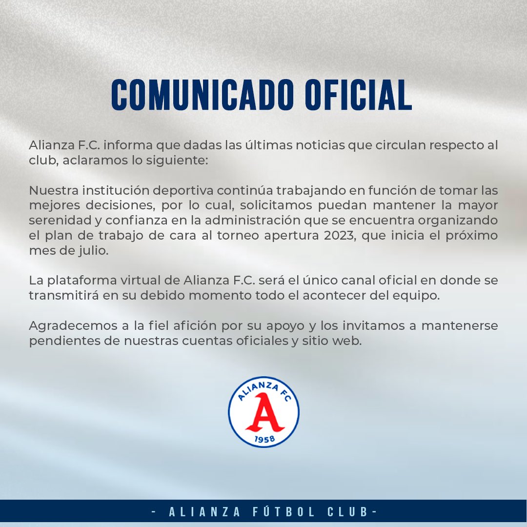 AlianzaFC_sv's tweet photo. 📄🅰️ | 𝑪𝒐𝒎𝒖𝒏𝒊𝒄𝒂𝒅𝒐 𝒐𝒇𝒊𝒄𝒊𝒂𝒍:
Actualidad del Club. 

#AlianzaFC | #MásAliancistaQueNunca https://t.co/a10Vk6KlsY