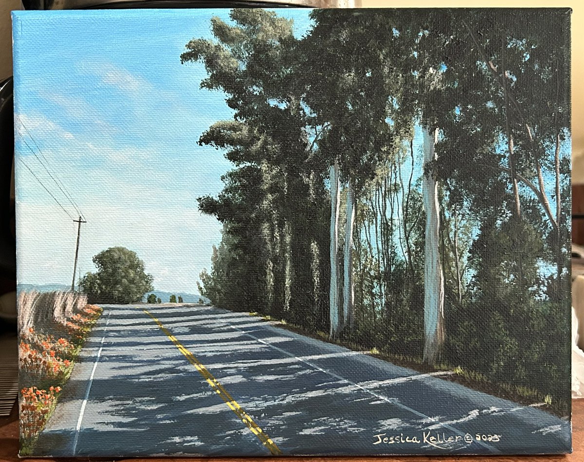 “Somewhere Along the Way #4” is finished. Acrylic on an 8”x10” canvas. Six more to go!