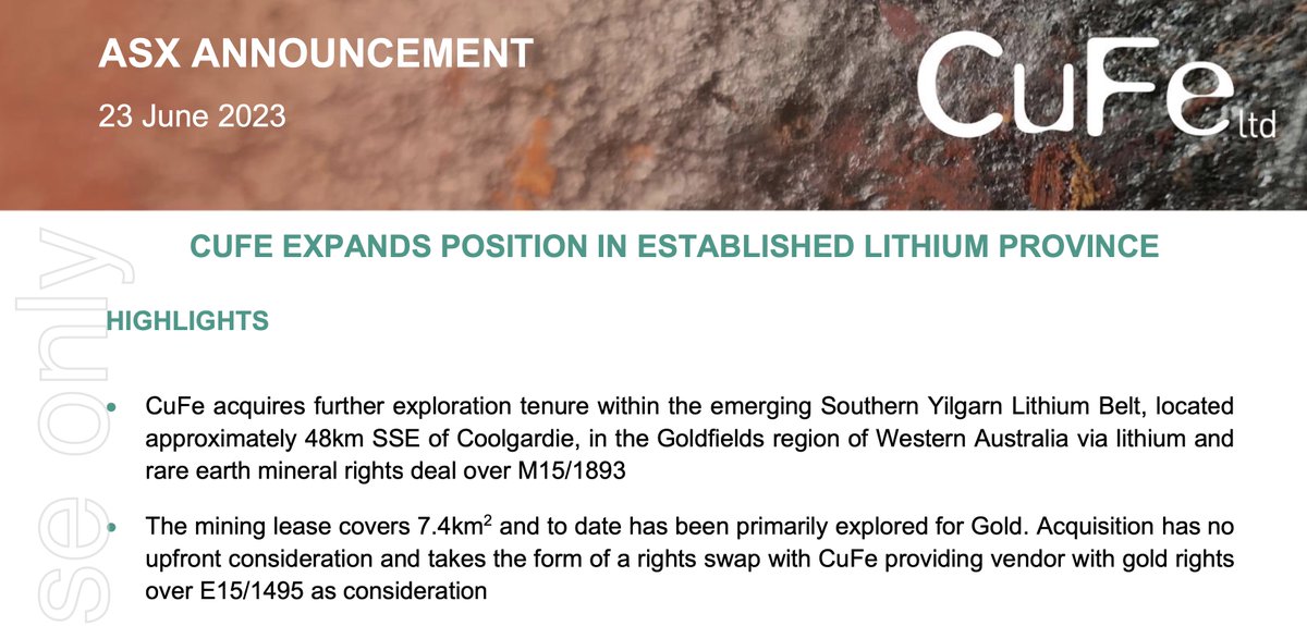 $CUF has entered an agreement to acquire rights to #lithium and rare earth related minerals over M15/1893, covering approximately 7.4km2 of ground, located 30km south of Mineral Resources Mt Marion Mine.

✅ #ASX release ➡️ bit.ly/43Rs6SM

$CUF.ax #ASXnews #REE #WA 🇦🇺