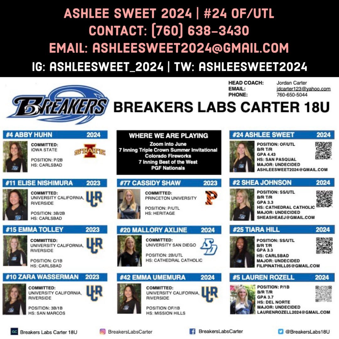 BreakersLabs16G's tweet photo. June 26th from 5-7pm at Olympic Park - Field 2 in Aurora, CO. Follow us on Game Changer at Breakers Labs Carter 18U 18U. #ashleesweet2024 #breakerslabscarter #uncommitted #2024 https://t.co/Ki9v1Tqt2I
