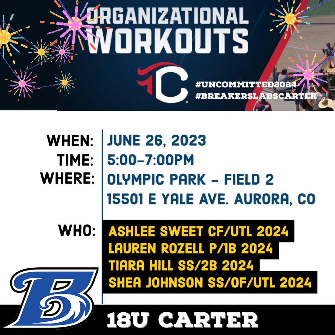 BreakersLabs16G's tweet photo. June 26th from 5-7pm at Olympic Park - Field 2 in Aurora, CO. Follow us on Game Changer at Breakers Labs Carter 18U 18U. #ashleesweet2024 #breakerslabscarter #uncommitted #2024 https://t.co/Ki9v1Tqt2I