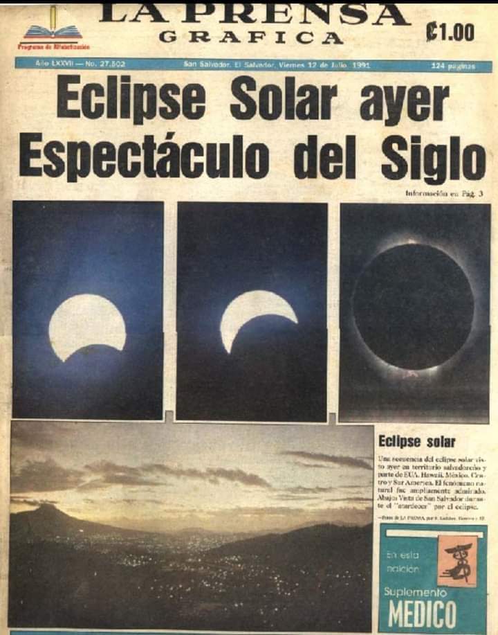 Eclipse TOTAL
El 11 de julio de 1991 el cielo fue oscurecido en El Salvador en su totalidad durante seis minutos a pleno mediodía cuando la Luna cubrió el Sol formando un "Anillo de Diamante". El asombro y el nerviosismo invadieron a la población que por primera vez este fenómeno