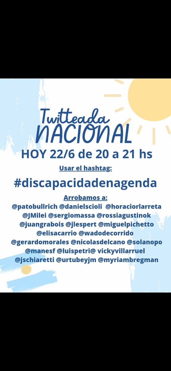leylabustos1's tweet photo. Tweet 1: Pedimos a todos los precandidatos que pongan a la #discapacidadenagenda e informen sus propuestas 
@patobullrich @danielscioli  @horaciorlarreta @jmilei @luispetri @sergiomassa @rossiagustinok @juangrabois https://t.co/HxoAyx7Cuh