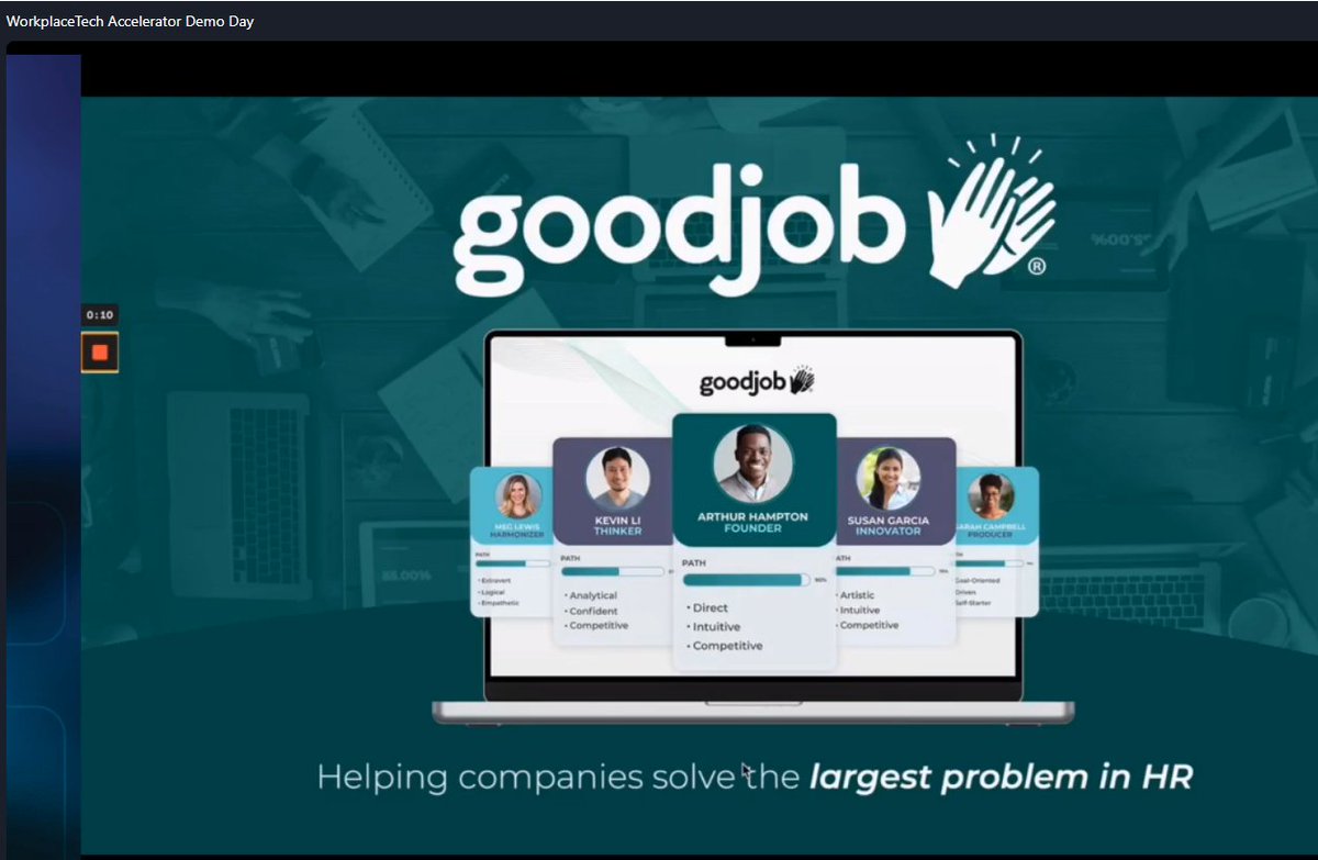 DCasha's tweet image. .@thegoodjobteam focuses on new employee hiring (and 1st year retention) thru a 10 min proprietary assessment on work traits and behaviors; also integrates with your ATS #2023demoday