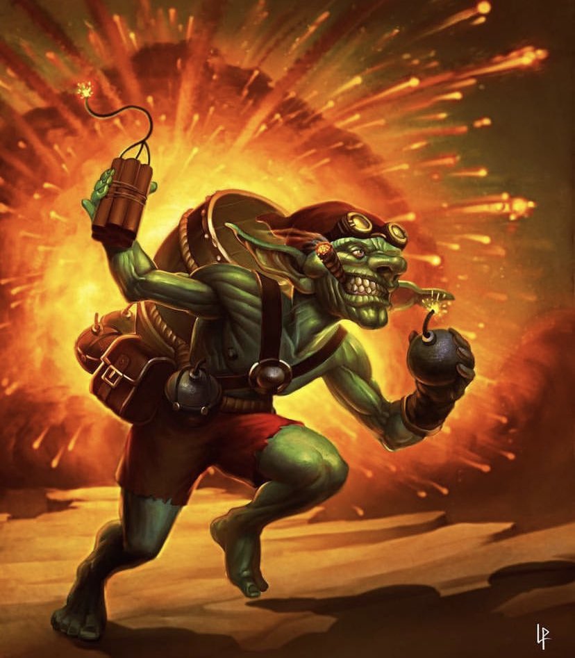 This Sapper #Goblin, illustrated here by Savedra on Deviantart
A- Grade!
Fill in the thread!
Thank you to @PaulRitchey for the suggestion!
#deviantart #savedra #wow #worldofwarcradft #sappergoblin #hearthstone #explosive #loud #veryneat #agrade #goblingrader #ilustration