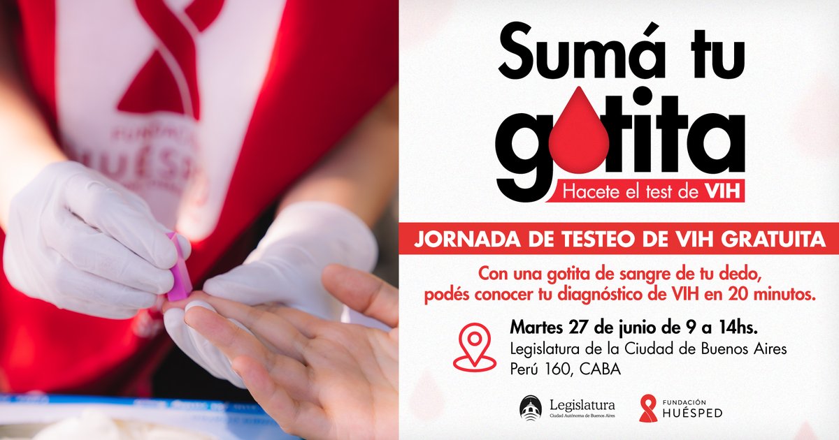 FundHuesped's tweet photo. 🩸 ¡Vení a sumar tu gotita! Hacete el #TestDeVIH.
🩸 Este martes 27 de junio te esperamos de 9 a 14hs en la #Legislatura de la Ciudad de Buenos Aires en una jornada de testeo de #VIH. https://t.co/ljT0mfporL