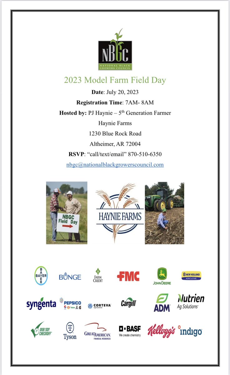 Hello Twitter family. I am happy to be a host for the NBGC Model Farm Field day in Arkansas next month. Come join us to learn about row crop farming, seed varieties, chemistries, equipment and irrigation practices. I look forward to seeing you on July 20 in Arkansas!