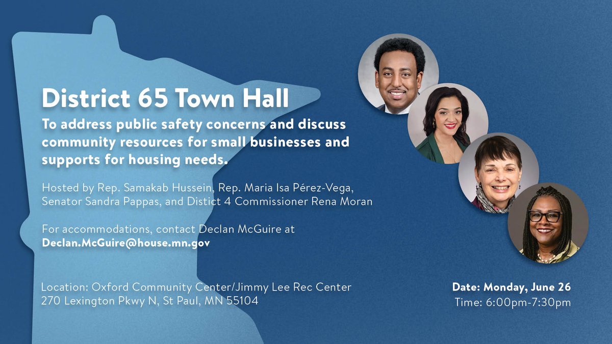 Join the District 65 team for this month's last town hall, hosted by Rep. Samakab Hussein! Happening Monday, June 26th 6:00-7:30pm at the Jimmy Lee Rec Center.