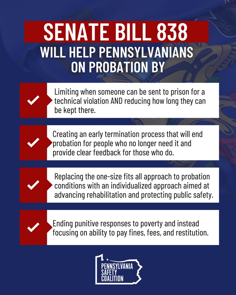 #BreakingNews: the Pennsylvania Senate Judiciary Committee just passed #SB838 a bill that would make significant improvements to the probation system in PA! 

🛑 <<TAKE ACTION: Add your name and endorse this bill.>> bit.ly/SB838