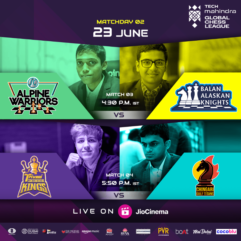 GCLlive's tweet photo. Adrenaline meets skill in an electrifying showcase of pure sporting brilliance. Matchday 2 promises high-stakes clashes and thrilling showdowns 🫡

#SGvBAK #TCKvCGT #GGvSG #UMMvBAK #GCL #GlobalChessLeague #GCLonJioCinema