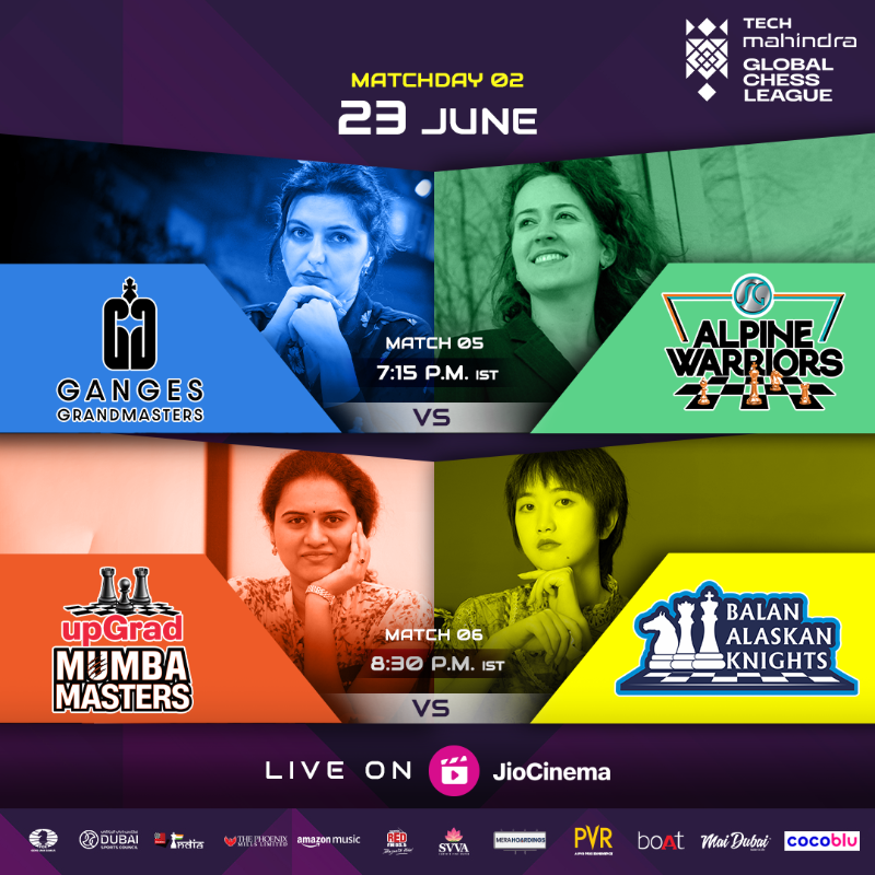 GCLlive's tweet photo. Adrenaline meets skill in an electrifying showcase of pure sporting brilliance. Matchday 2 promises high-stakes clashes and thrilling showdowns 🫡

#SGvBAK #TCKvCGT #GGvSG #UMMvBAK #GCL #GlobalChessLeague #GCLonJioCinema