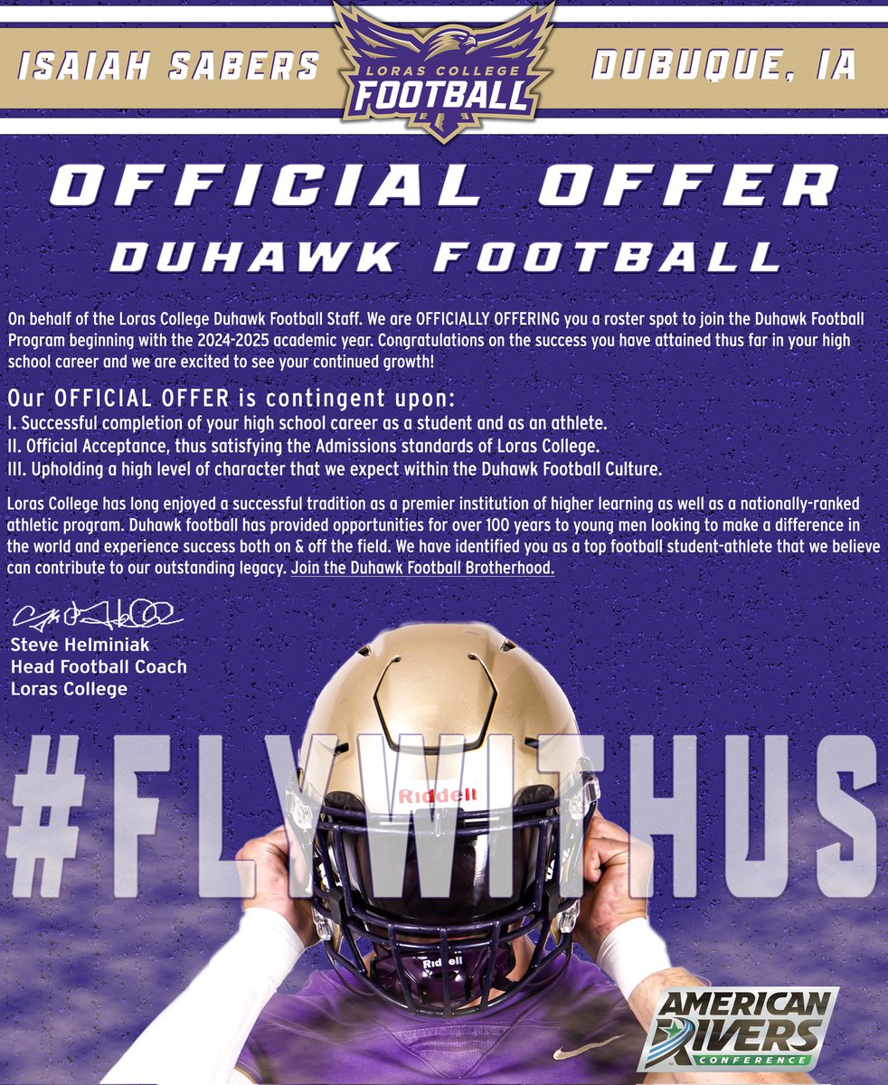 Extremely grateful to have received my first offical offer from <a href="/LorasCollegeFB/">Loras Football</a>! Big thanks to <a href="/CoachHLorasFB/">Steve Helminiak</a> for the opportunity!