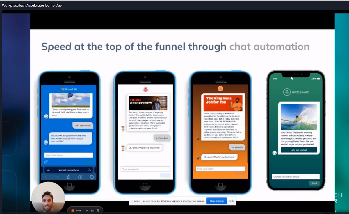 DCasha's tweet image. .@humanlyHR using chat to engage, screen, schedule, and hire to improve recruiting, then an AI voice tool to sit in the interviews and create AI generated notes/email follow ups #2023demoday