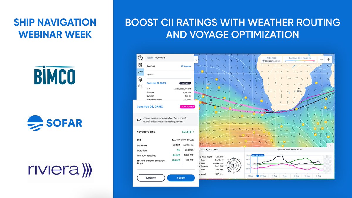 Sofarocean's tweet photo. Sofar's Nick Pinkney and @BIMCONews' Grant Hunter will discuss how shipping companies can boost CII ratings today using weather routing and voyage optimization at a webinar on Mon. 6/26 at 9am BST. Register for the event at: https://t.co/mcySlZicE2 

#SofarOcean https://t.co/jGeGijODb7