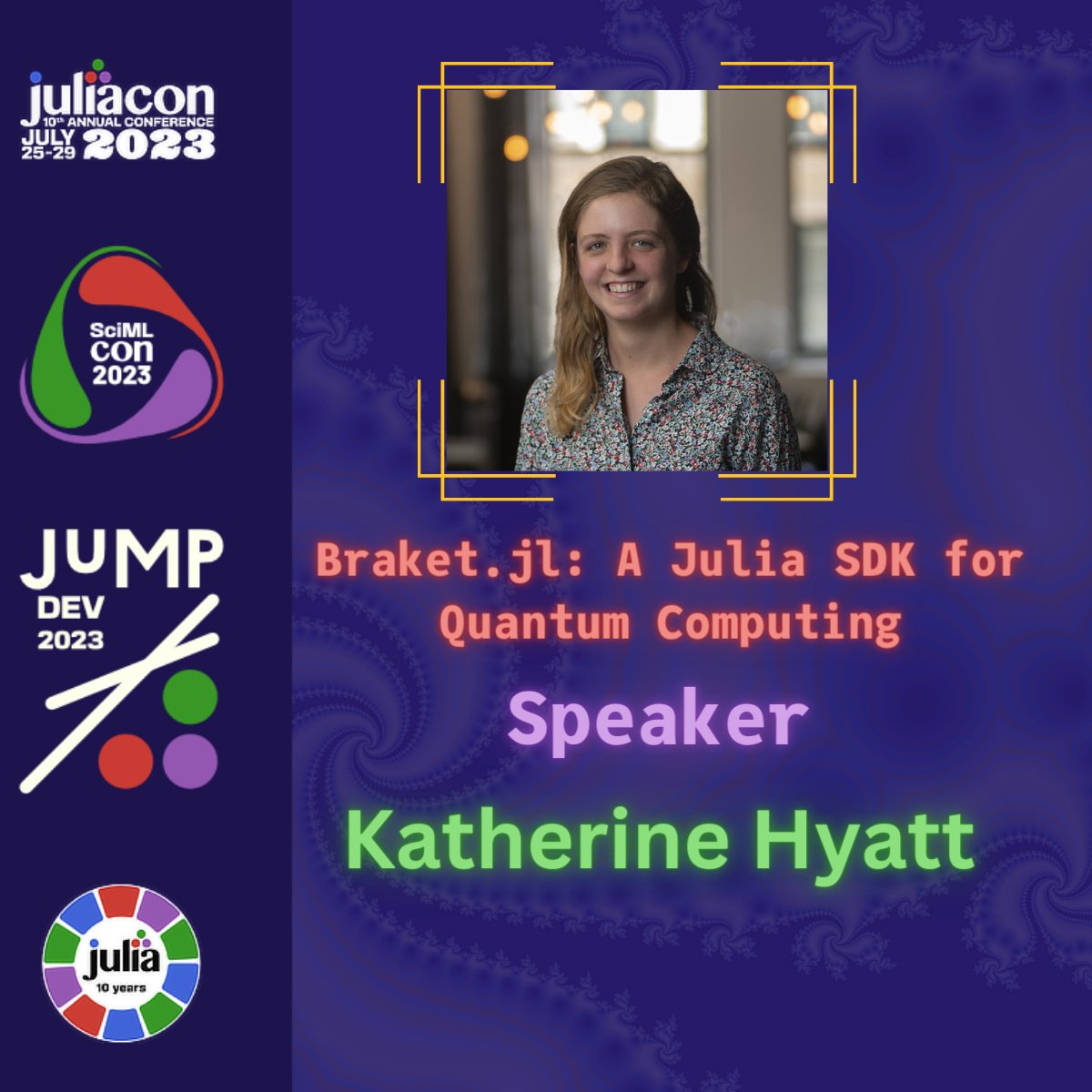 JuliaConOrg's tweet image. Thank you, Katharine Hyatt (@kslimes) for your contributions to Julia and the conference itself!

Braket.jl: A Julia SDK for Quantum Computing
Quantum Computing Minisymposia

pretalx.com/juliacon2023/t…

juliacon.org/2023/ 
#Julialang #DataScience #JuliaCon #quantum