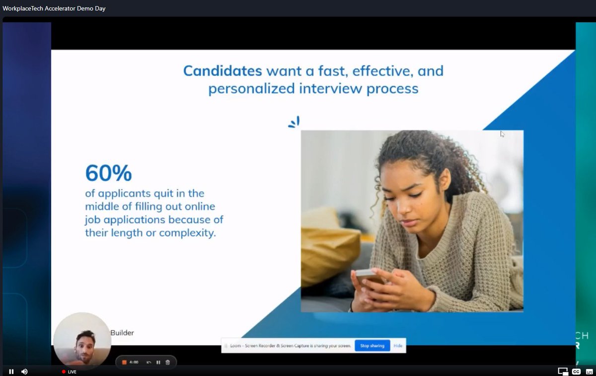 DCasha's tweet image. .@humanlyHR using chat to engage, screen, schedule, and hire to improve recruiting, then an AI voice tool to sit in the interviews and create AI generated notes/email follow ups #2023demoday
