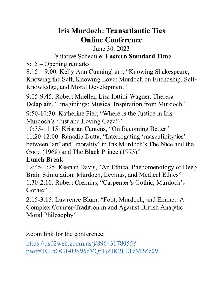 Iris Murdoch fans,
Please feel free to join us for this virtual conference on June 30th!
#irismurdoch #irismurdochresearchcenter 
#unselfing #imagination #morals #murdoch <a href="/miles_leeson/">Miles Leeson</a>