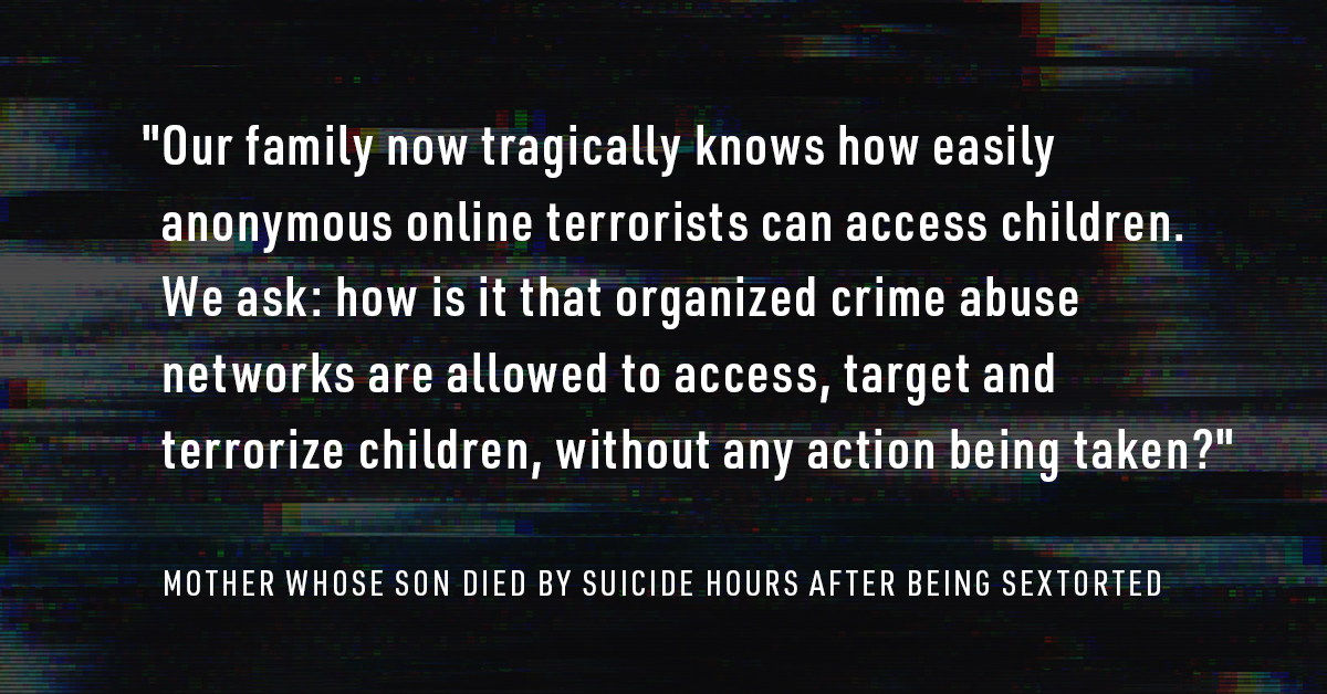 LiannaMcDonald's tweet photo. As companies talk about sextortion at @tech_coalition’s event in #Washington, we hope that survivors &amp; the families left behind by the victims of this dangerous crime are heard.

This mom is living that horrific reality; her son died by suicide mere hours after being sextorted. https://t.co/qqzVjbnc4i