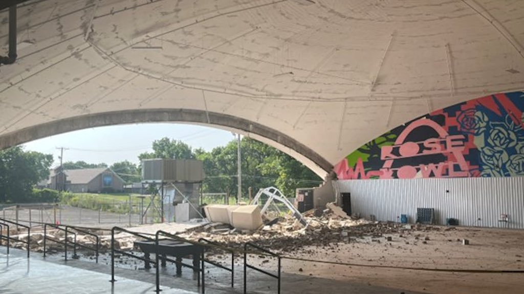 OneHopeTulsa's tweet photo. During Sunday’s storm, 100mph winds damaged the west wall of the Rose Bowl. Restoring it will cost over $100K. If you’re able, please consider giving to support repairs and retweet to spread the word - https://t.co/D5qONgCqdP https://t.co/HLBVgwsLW8