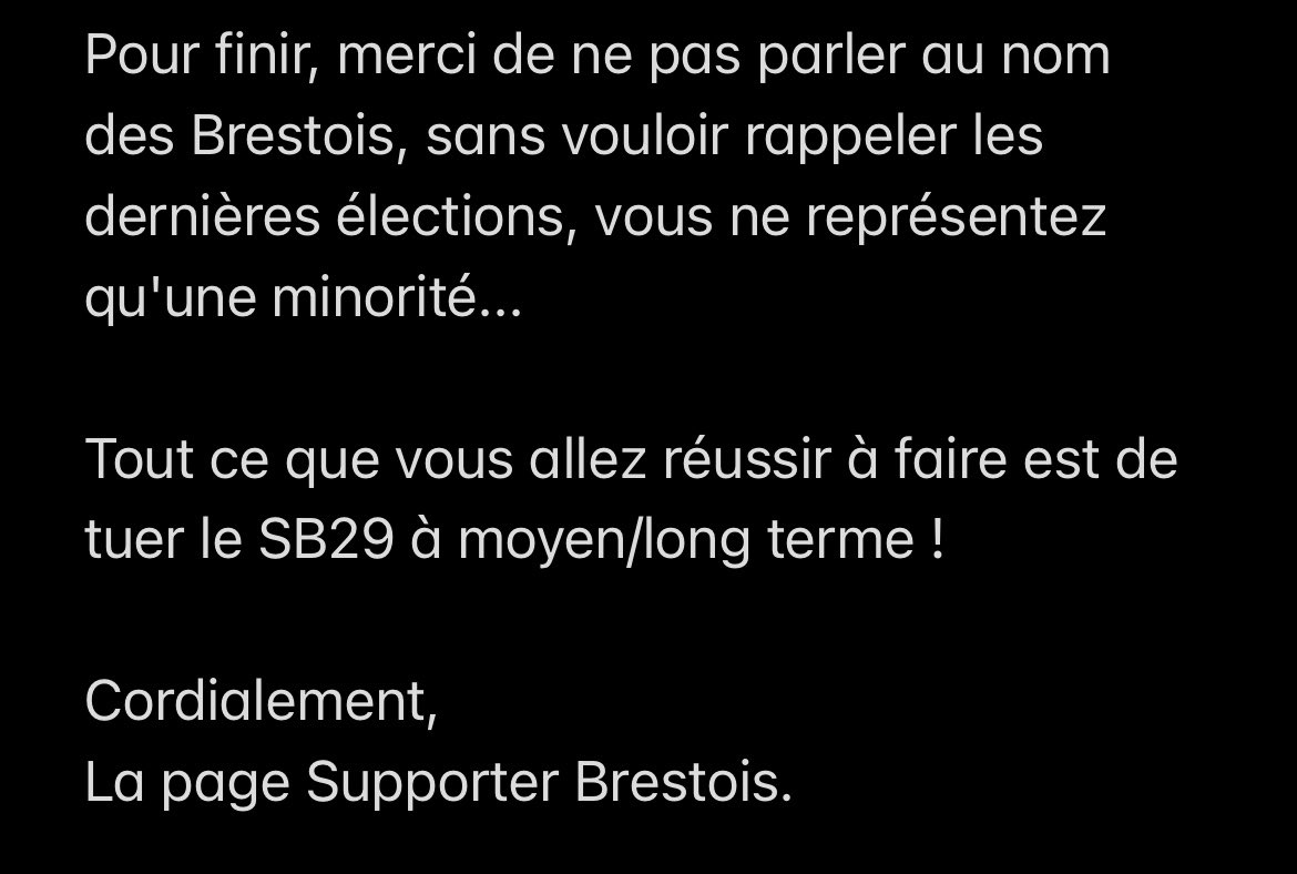 SuppBrestois's tweet photo. Cher @GlenDissaux , 
Votre communiqué étant bizarrement tourné et, il faut le dire, assez malhonnête... Voici notre réponse👇🏽. 
On ne vous laissera pas tuer indirectement le @SB29 !
Rendez-vous au mois d'octobre pour mettre un point final à cette histoire. https://t.co/Y7HzYDWbu4