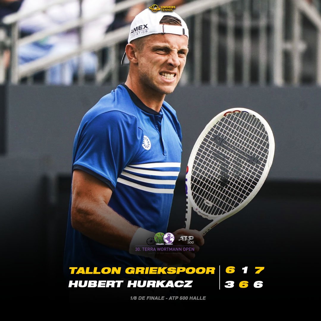 UniversTennis's tweet photo. Champion à 's-Hertogenbosch, Tallon Griekspoor sauve une balle de match et signe une 7e victoire d'affilée sur gazon en éliminant le champion en titre, Hubert Hurkacz, pour atteindre les 1/4 à Halle. 🥵🇳🇱

Grosse revanche après le 5 sets de 4h40 perdu au 2e tour de Roland-Garros. https://t.co/n7FCTG77Dj