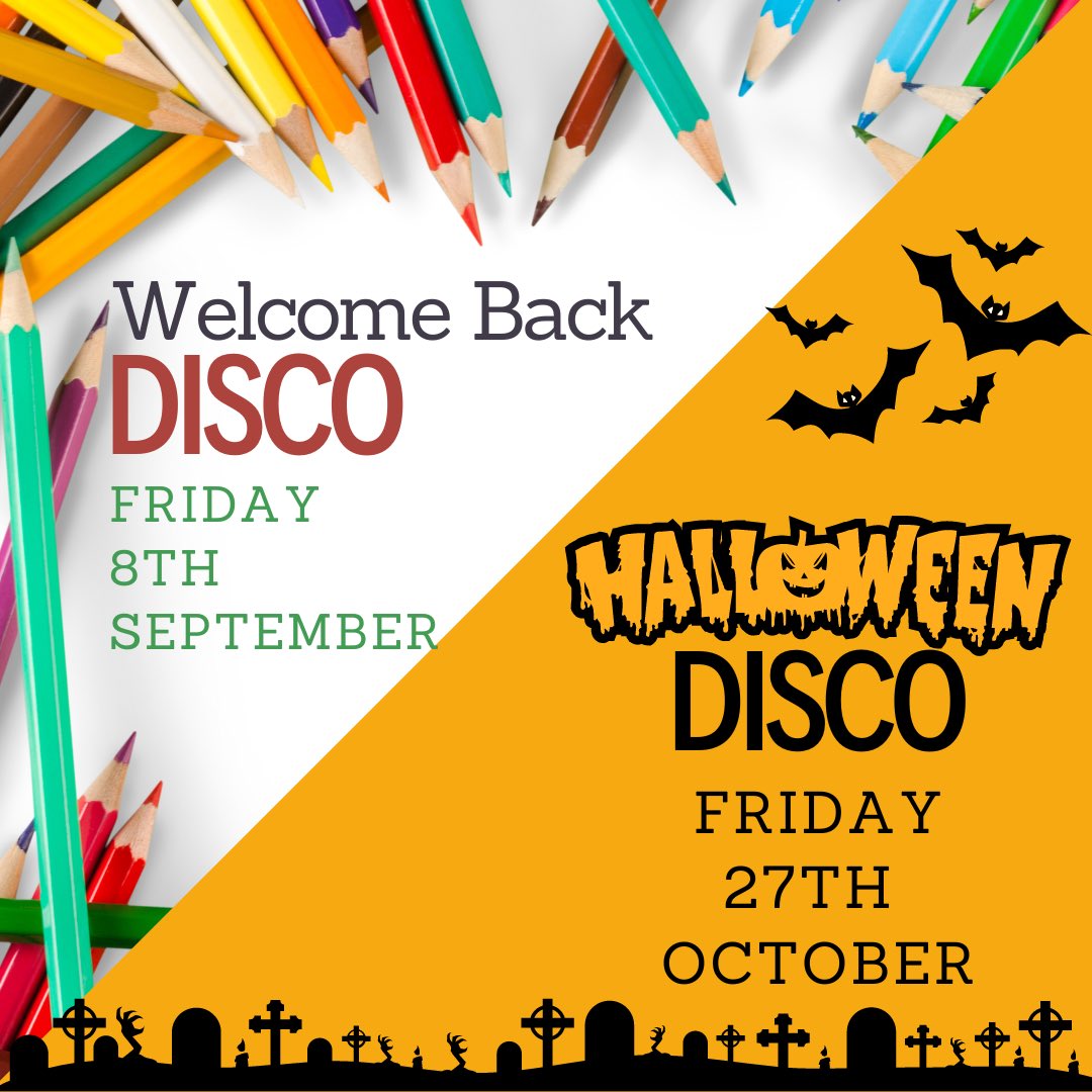 🪩🪩🪩Disco Dates🪩🪩🪩
👋 Welcome Back Disco - Friday 8th September
🎃 Hallowe’en Disco - Friday 27th October 

Times TBC

#schooldisco #forwardplanning #datesforthediary