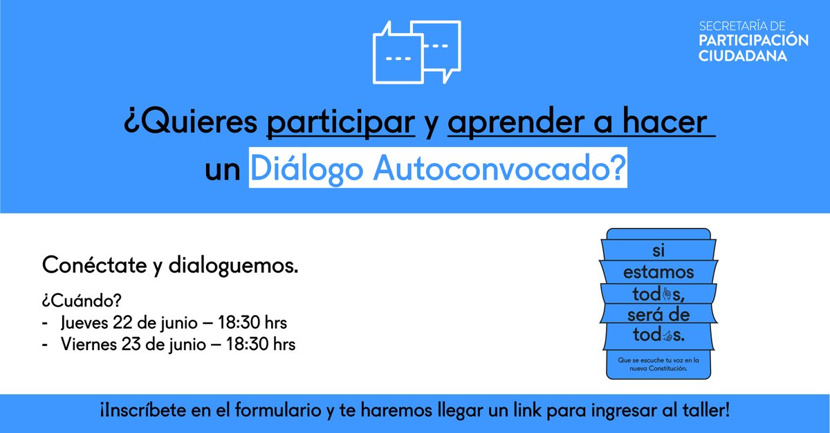 ¿Quieres hacer tu Diálogo Ciudadano Autoconvocado? Conéctate y conversemos este jueves y viernes a las 18:30 horas 🙋‍♀️🙋‍♂️📲

Inscríbete aquí: forms.gle/RRDkHgHtdBhpM4…