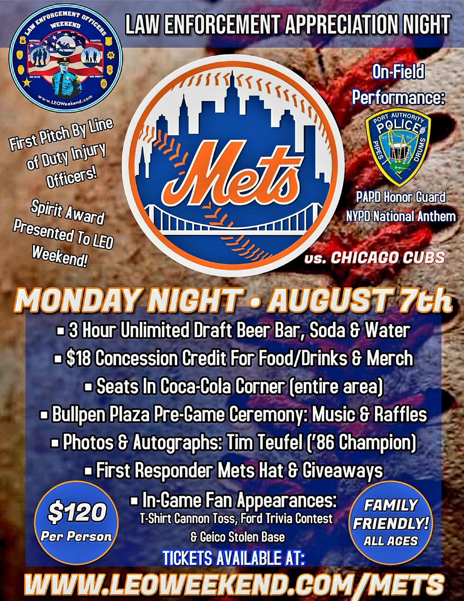 PAPD911's tweet photo. Get your tickets now for Law Enforcement Appreciation Night at Citi Field.
#leoweekend #NYMETS #CitiField #PAPD #PAPDHonorGuard #PAPDPipesandDrums #papdprotectsnynj #NYPD #LawEnforcementAppreciationNight https://t.co/dkibTvIkpL