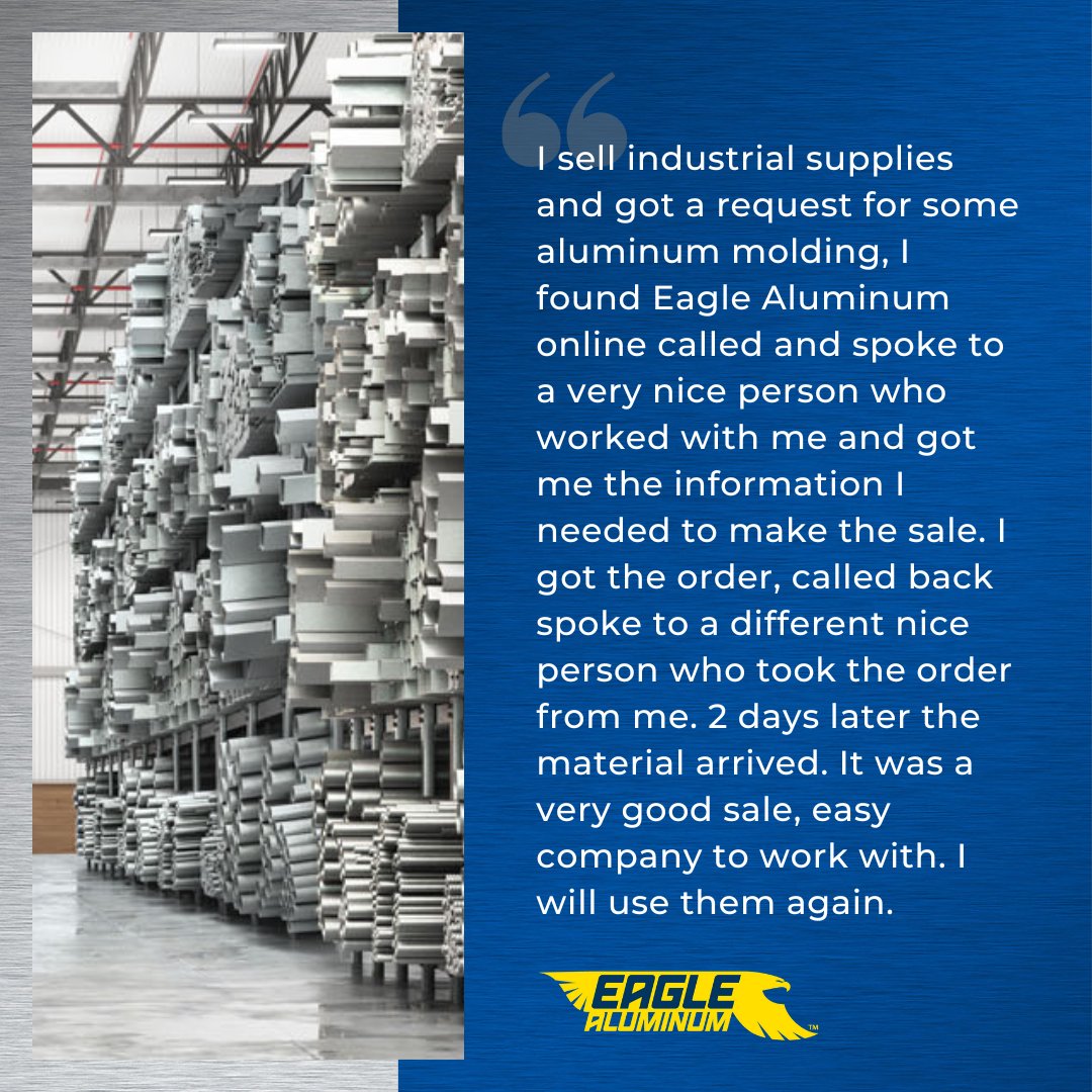Our team is dedicated to providing top-notch customer service and ensuring a smooth and hassle-free experience. From answering your inquiries to processing orders swiftly, we're here to support your industrial supply needs.

#CustomerService #IndustrialSupplies #EagleAluminum