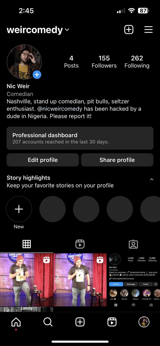 My old IG got hacked so I had to make a new one please follow! instagram.com/weircomedy?igs…