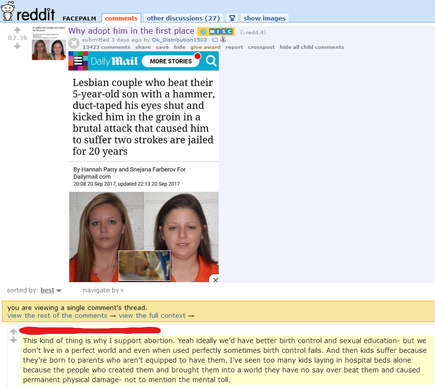 reddit_lies's tweet photo. Lesbian couple brutalizes their 5-year-old son with a hammer.

Reddit: "If that kid was aborted this never would have happened." https://t.co/9ErMsojdvy