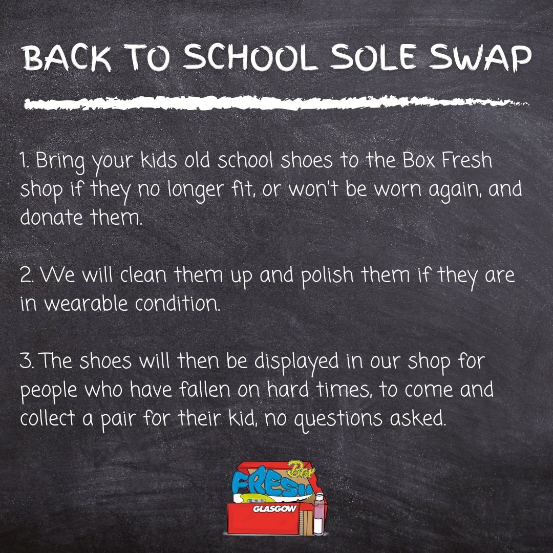 Tomorrow is the last day of term for Glasgow City Council schools.

Please consider donating your kids old school shoes to our campaign so that we can clean them and get them out to kids who can make use of them.

You can drop them here:

Unit 11
Morris Park
37 Rosyth Rd
G5 0YD