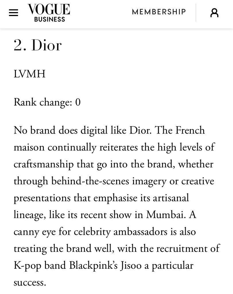 #JISOO is mentioned on Vogue business’ report “TOP 10
The Vogue Business index: SPRING/SUMMER 2023”. 

“No brand does digital like @DIOR. The French maison continually reiterates the high levels of craftsmanship that go into the brand, whether through behind-the-scenes imagery or…
