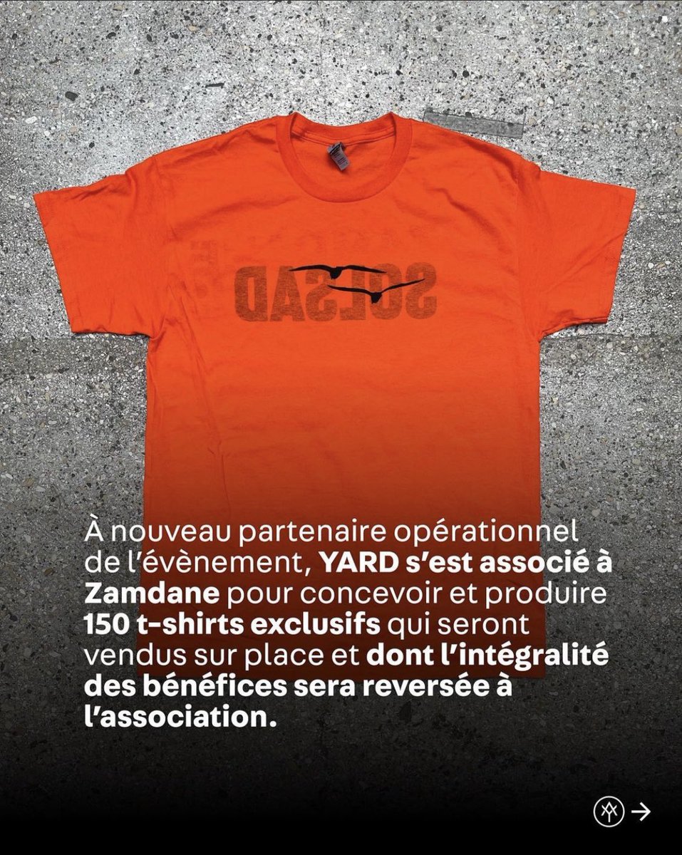 Partenaire de l’événement de samedi <a href="/yard/">YARD</a> proposera des tshirts EXCLUSIF 🧡

Solsad ¿? 

Objectif : 100k€ pour financer une semaine en mer pour <a href="/SOSMedFrance/">SOS MEDITERRANEE France</a> 🤚